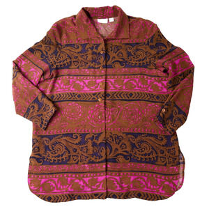 Vtg Dana Buchman Shirt Women's 16 Multicolor Floral 100% Silk Button Down Boho